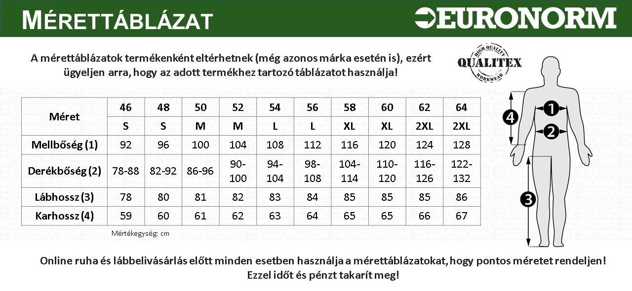 Qualitex munkaruha mérettáblázat